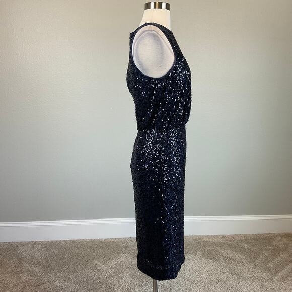 Eliza J Sequined Sleeveless Midi Sheath Cocktail Dress Blue Size 8 Round Neck - Picture 3 of 12